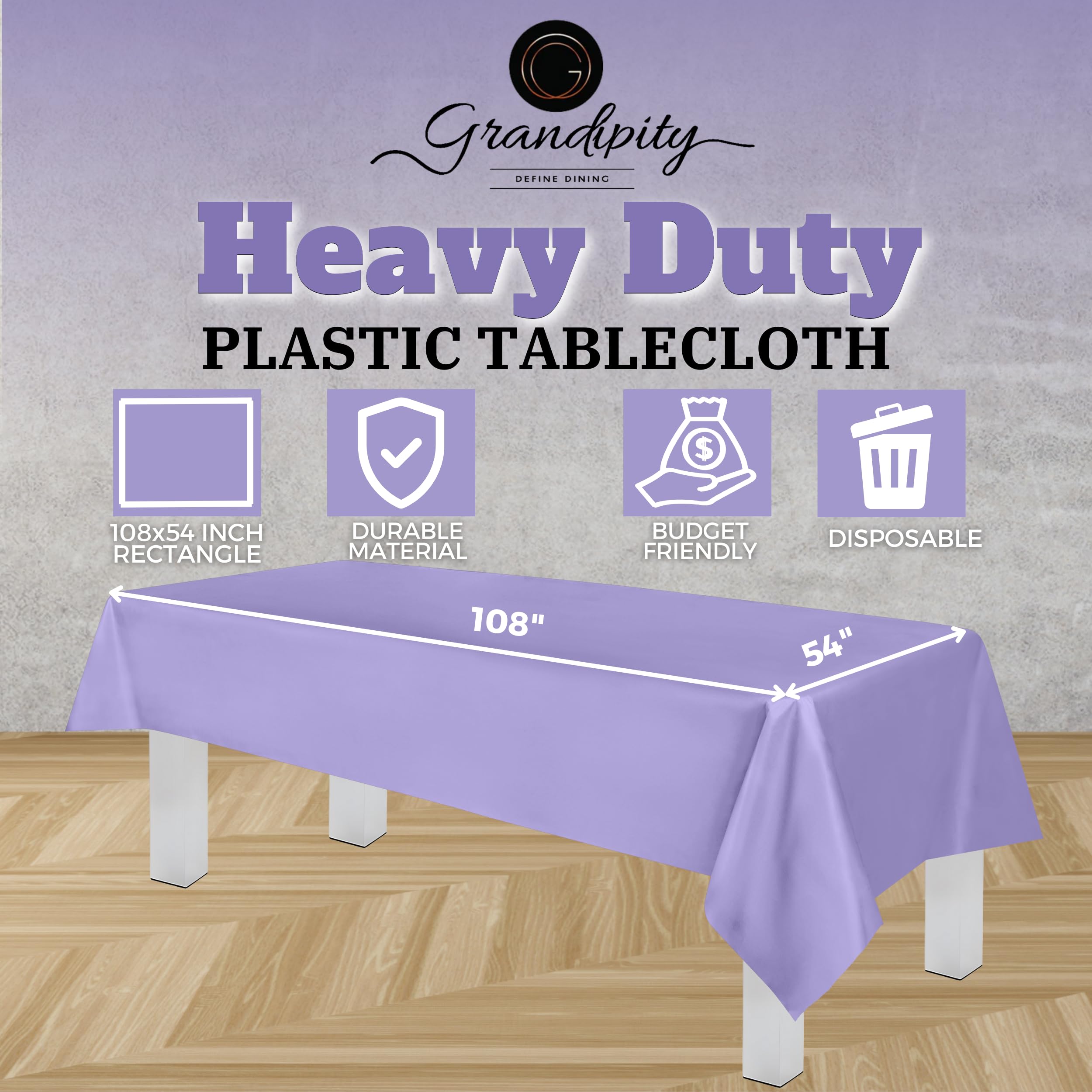 Grandipity Lavender Plastic Table Cloth Disposable (6 Pk) 54In X 108In Plastic Tablecloths For Rectangle Tables - Premium Party